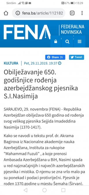 Azərbaycanlı alimin məruzəsi Bosniya və Herseqovinanın nüfuzlu saytında yerləşdirilib