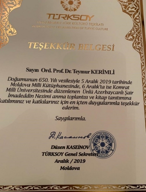 Akademik Teymur Kərimli TÜRKSOY tərəfindən təltif olunub