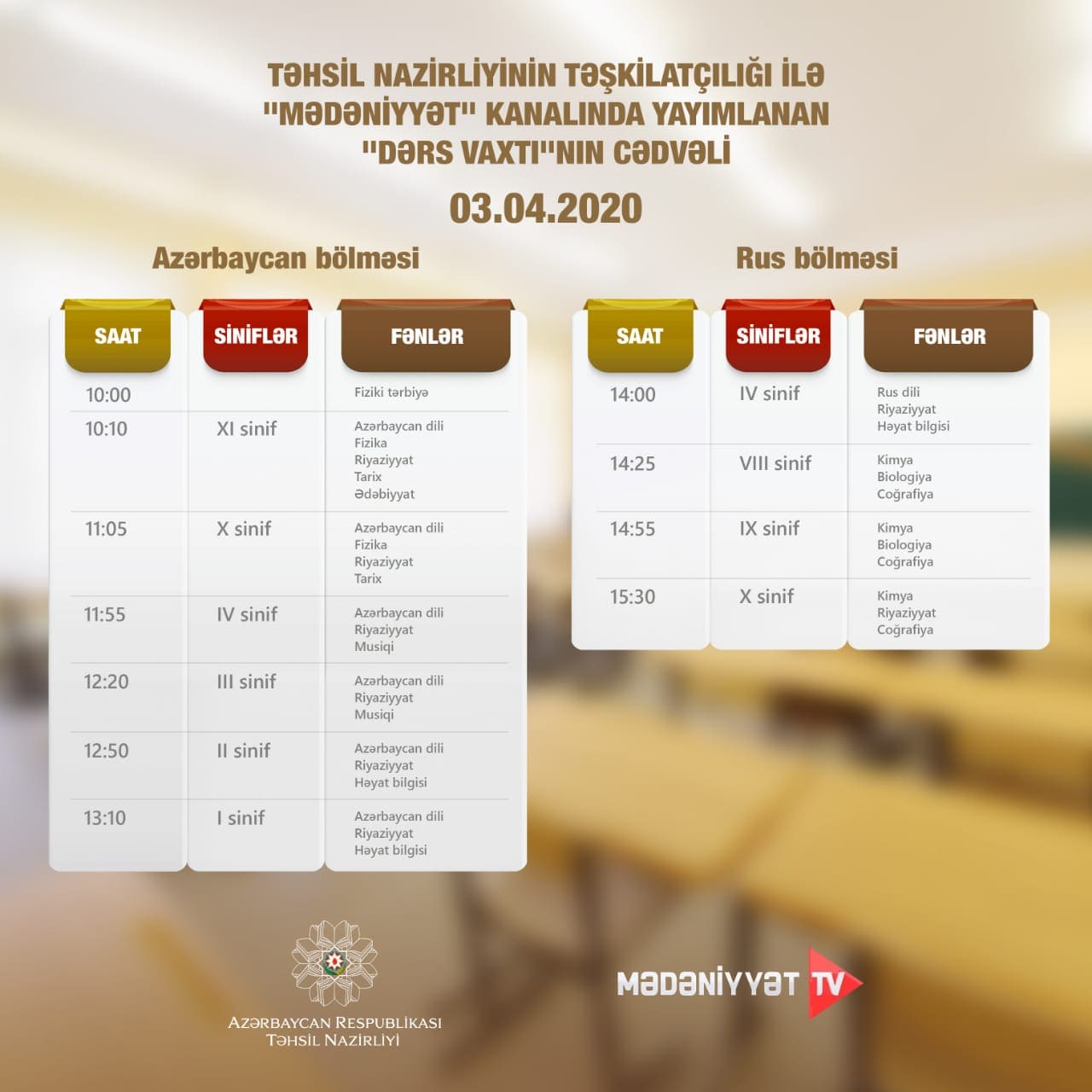 “Dərs vaxtı”nın 3 aprel cədvəli -FOTO