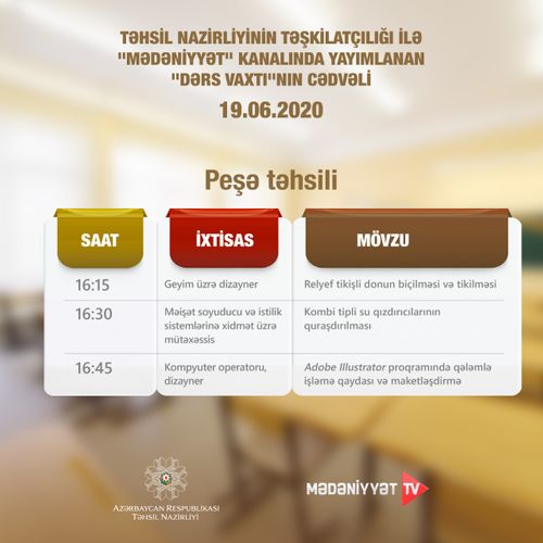 “Dərs vaxtı”nın peşə təhsili ilə bağlı sabaha olan cədvəli açıqlanıb