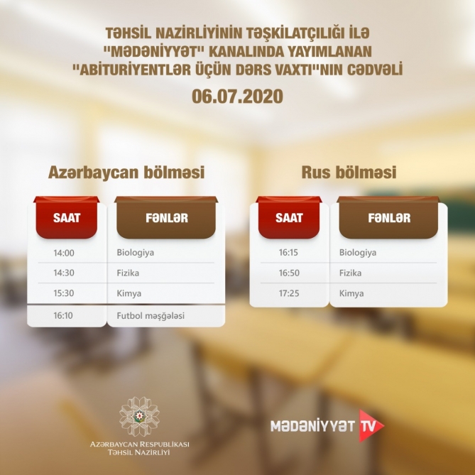 “Abituriyentlər üçün dərs vaxtı”nın iyulun 6-na olan cədvəli    