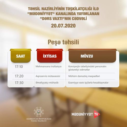 Peşə təhsili üzrə teledərslərin 20 iyul cədvəlini açıqlanıb
