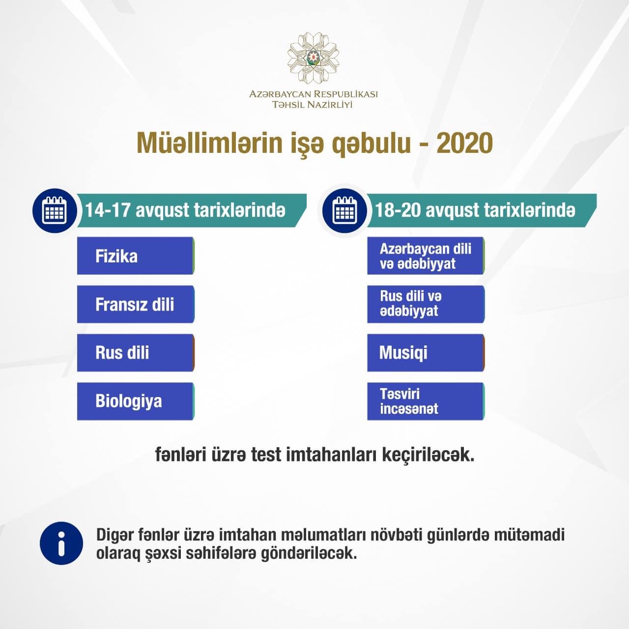Müəllimlər 18-20 avqustda bu fənlər üzrə testdən keçəcəklər - MİQ müsabiqəsi