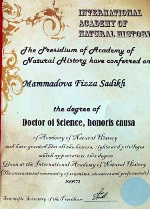 Fizzə Məmmədova Beynəlxalq Təbiətşünaslıq Akademiyasının fəxri doktoru seçilib