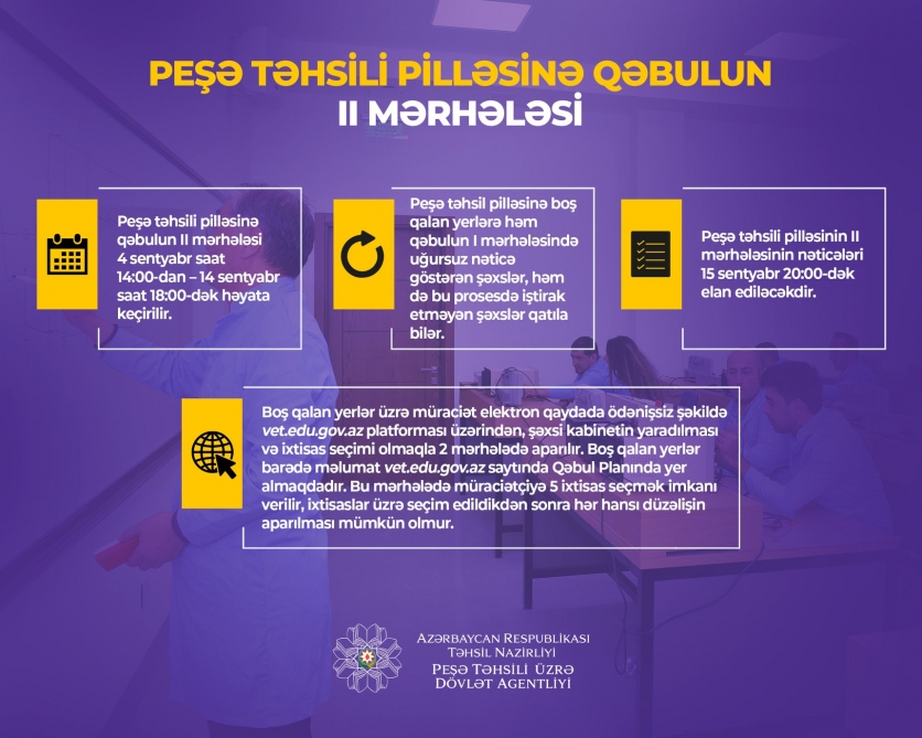 Peşə təhsil pilləsi üzrə elektron tələbə qəbulunun II mərhələsi davam edir