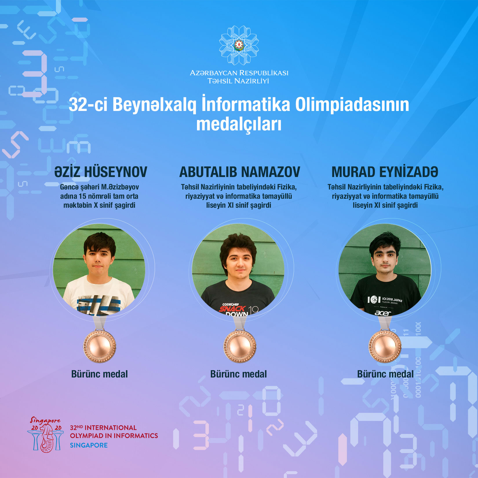 Məktəblilərimizdən növbəti uğur -  Beynəlxalq İnformatika Olimpiadasında 3 medal 