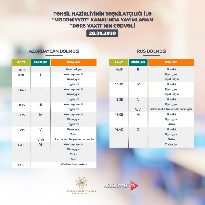 Sentyabrın 28-i üçün teledərslərin cədvəli  