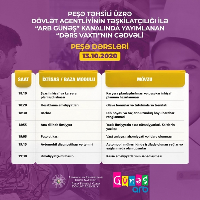 Peşə təhsili üzrə “Dərs vaxtı” proqramının oktyabrın 13-nə olan cədvəli