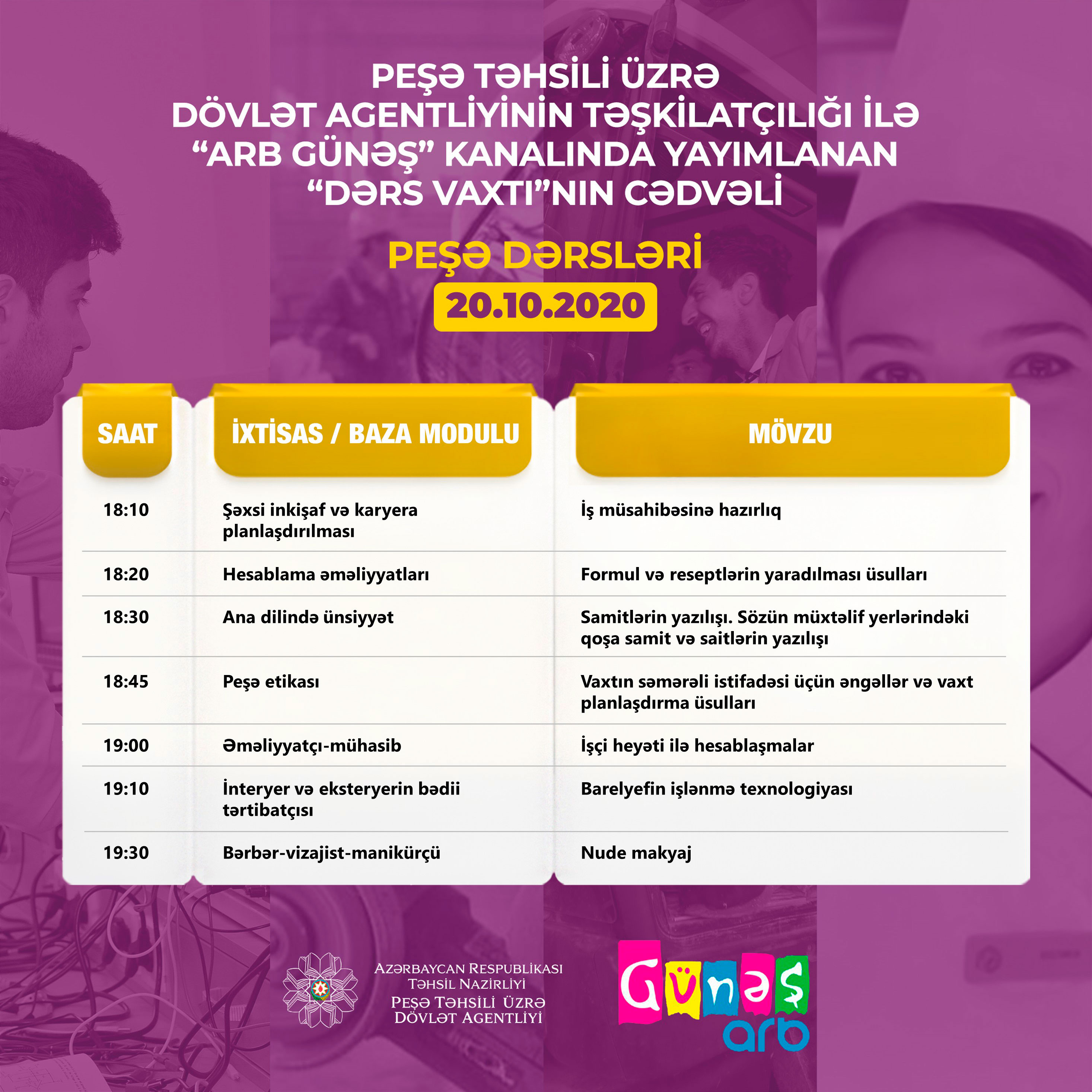 Peşə təhsili üzrə teledərslərin 20 oktyabr cədvəli