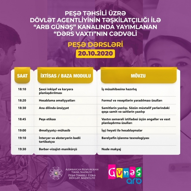 Peşə təhsili üzrə “Dərs vaxtı” proqramının oktyabrın 20-nə olan cədvəli