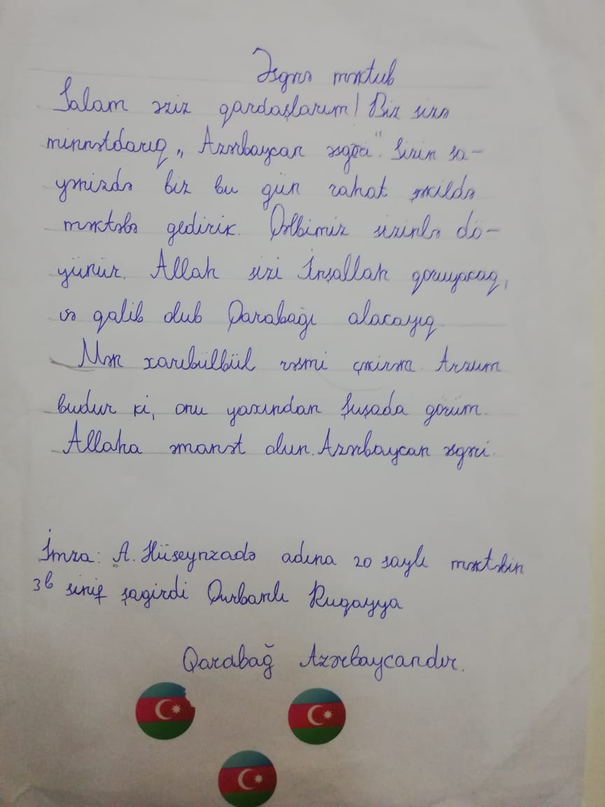 Əsgərə məktub – “Xahiş   edirəm anamın, nənəmin və babamın doğulduğu Zəngilan rayonunu düşməndən azad edin” – məktəbdən səngərə     