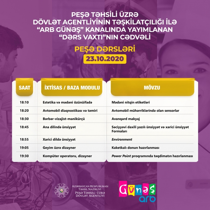 Peşə təhsili üzrə “Dərs vaxtı” proqramının oktyabrın sabaha olan cədvəli  