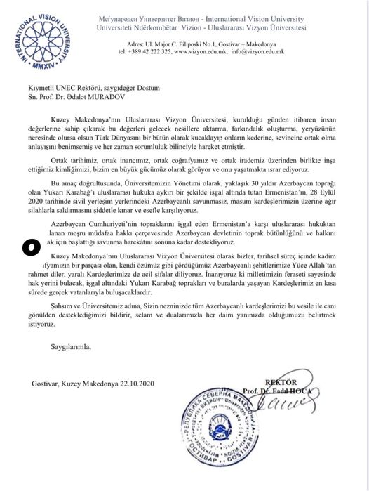 Makedoniya Beynəlxalq Vision Universitetindən Azərbaycana dəstək - FOTO