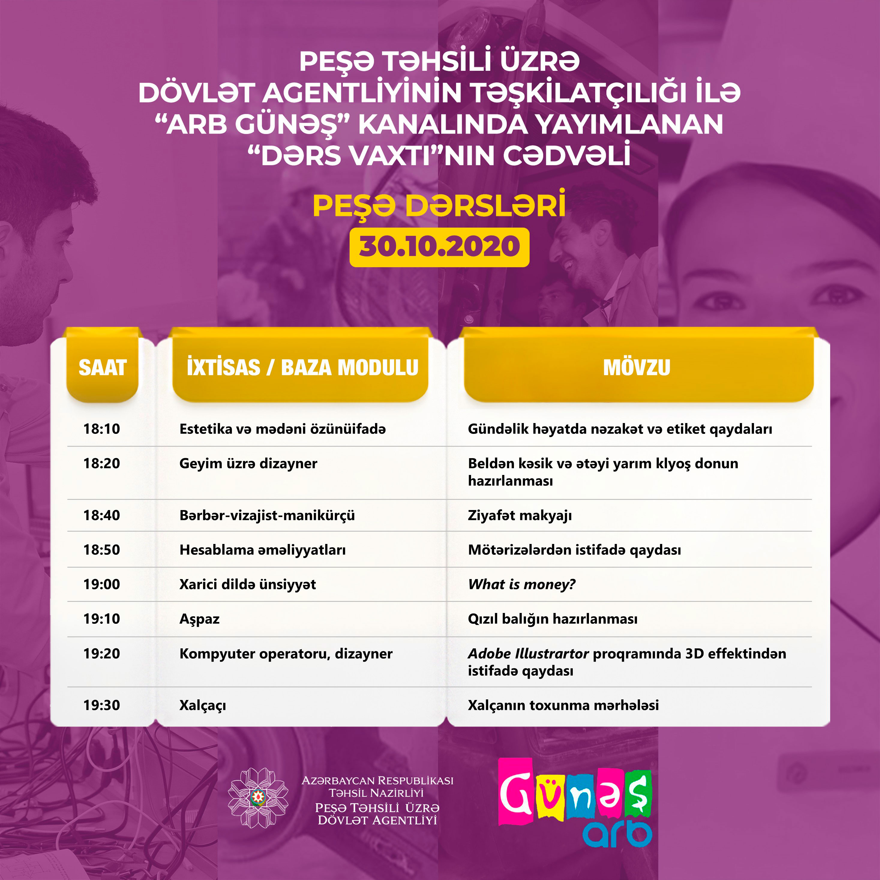  Peşə təhsili üzrə teledərslərin sabaha olan  cədvəli