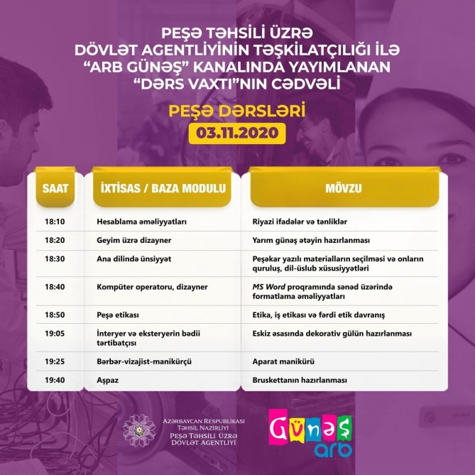 Peşə təhsili üzrə “Dərs vaxtı” proqramının noyabrın 3-nə olan cədvəli