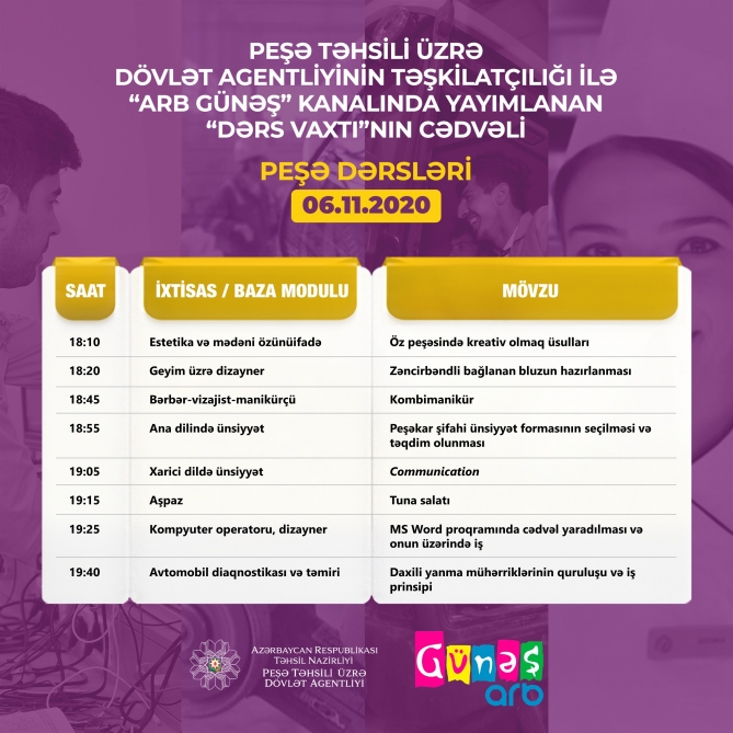 Peşə təhsili üzrə “Dərs vaxtı” proqramının sabaha olan cədvəli  