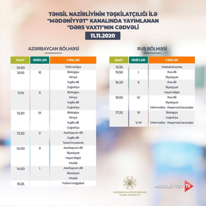 Teledərslərin bu günə olan cədvəli    