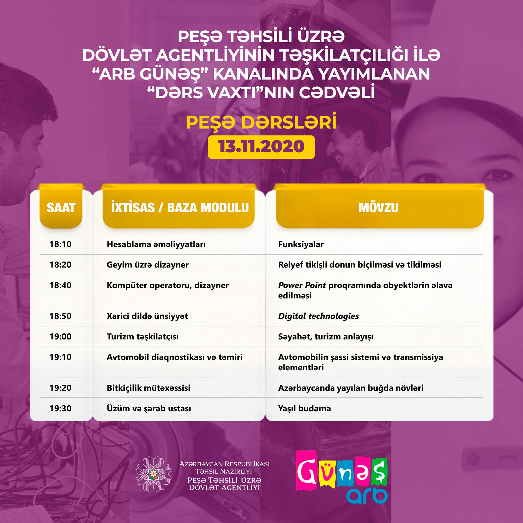 Peşə təhsili üzrə teledərslərin sabaha olan cədvəli  