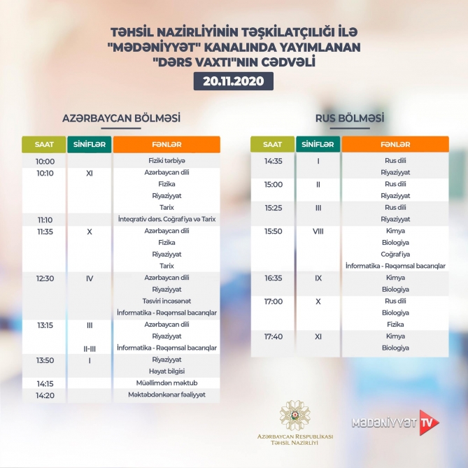 Teledərslərin noyabrın bu günə olan cədvəli açıqlandı    