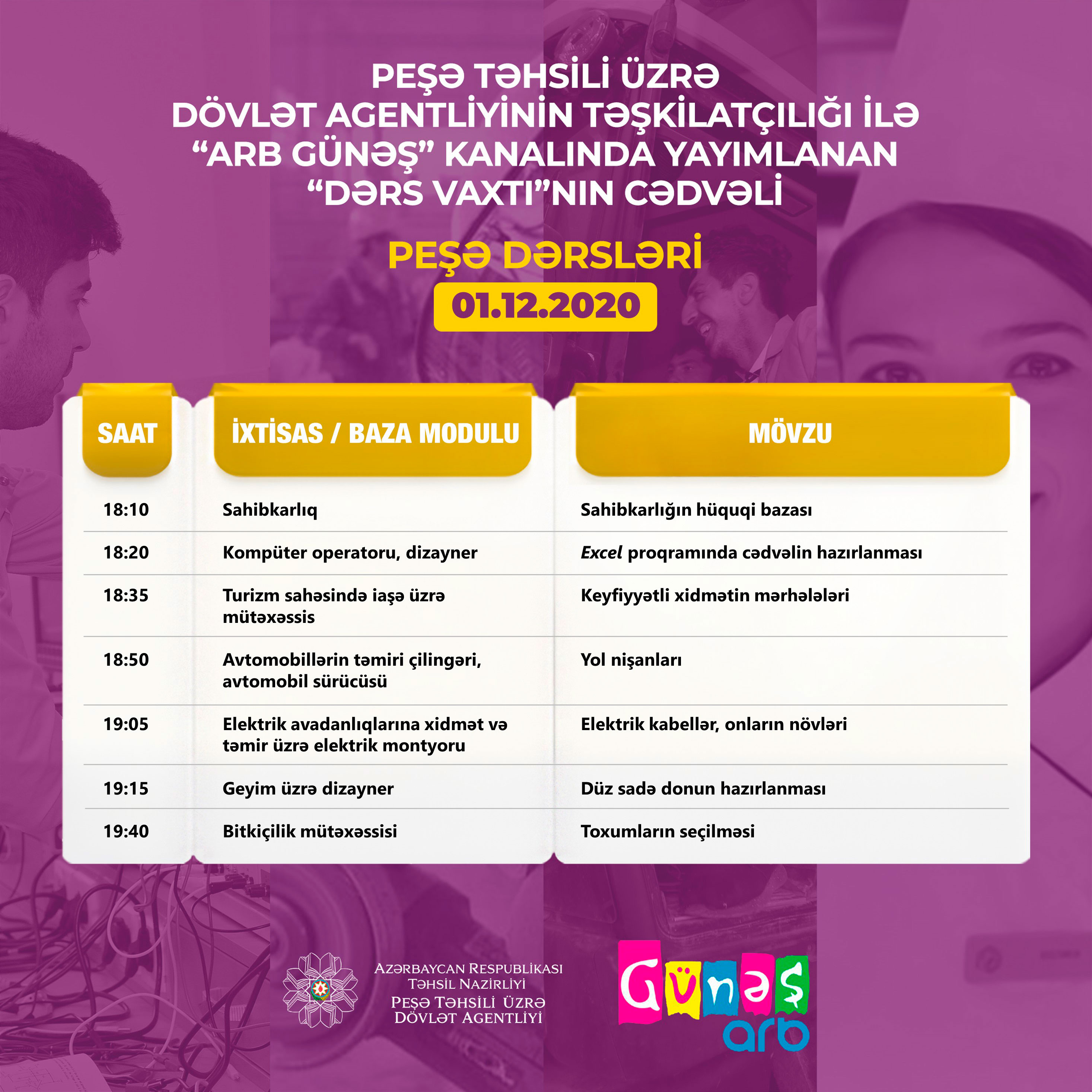 Peşə təhsili üzrə teledərslərin 3 dekabr cədvəli