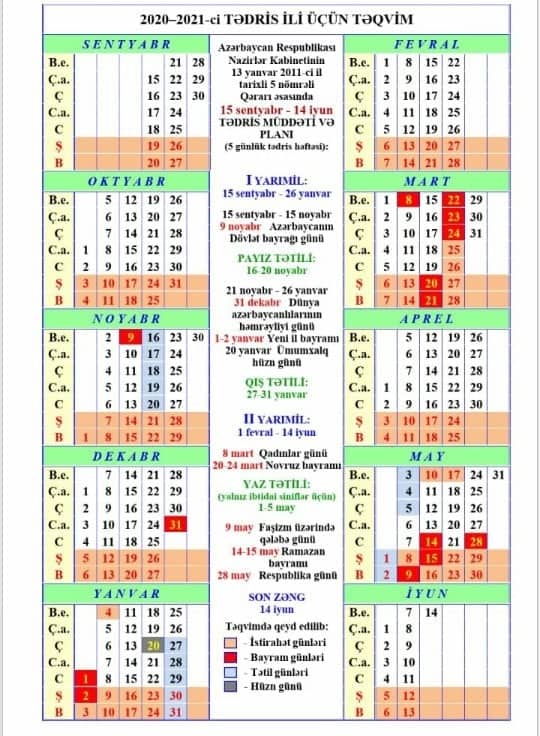 2020-2021-ci tədris ili üçün TƏQVİM