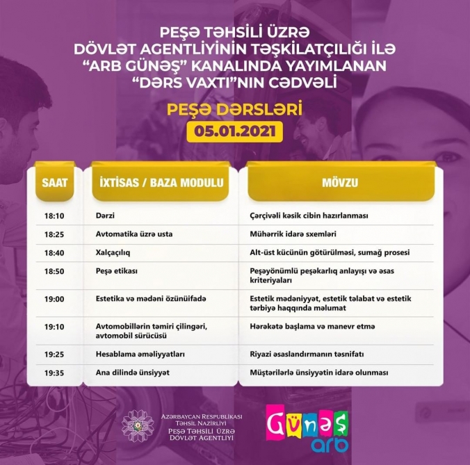 Peşə təhsili üzrə “Dərs vaxtı”nın yanvarın 5-nə olan cədvəli  