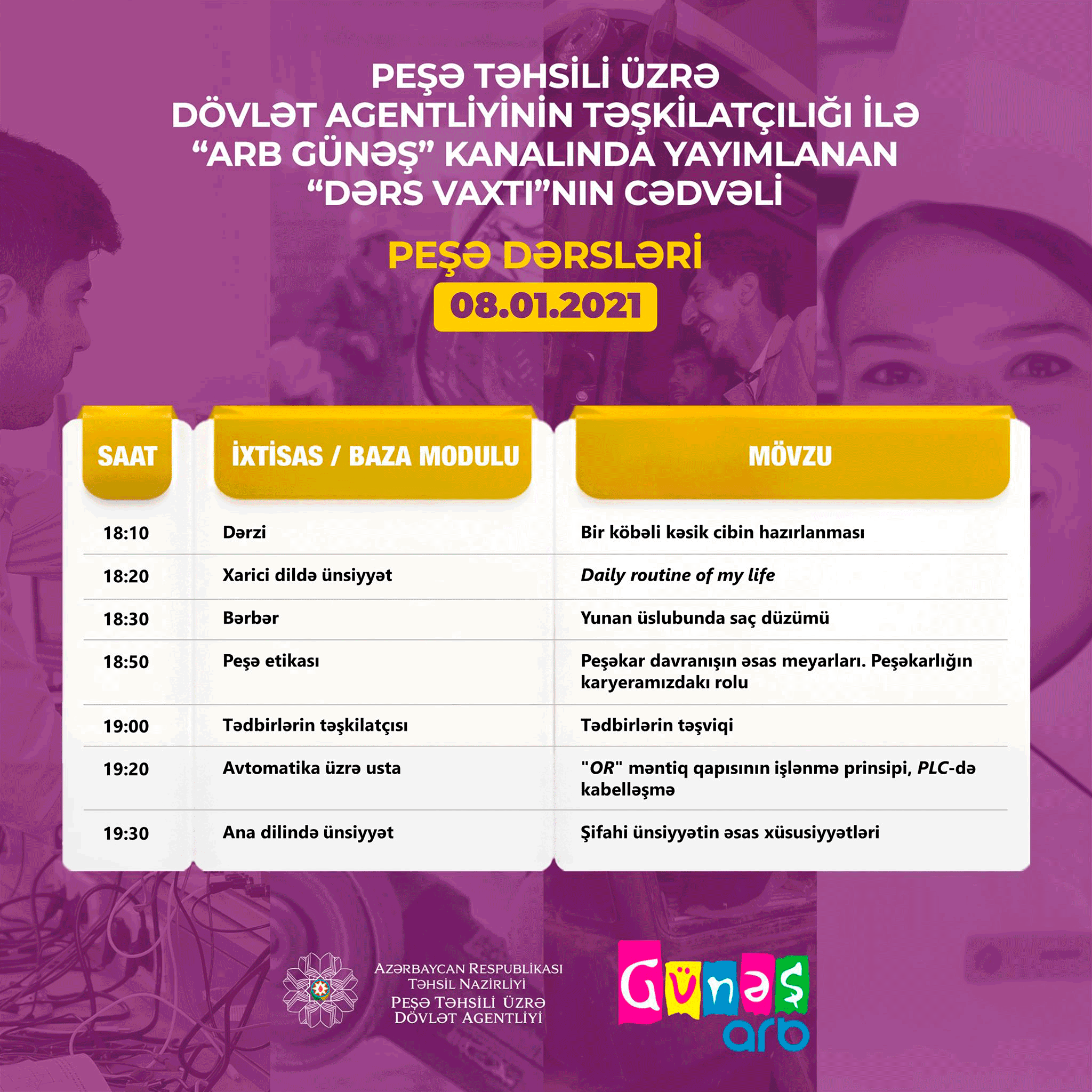Peşə təhsili üzrə teledərslərin 8 yanvar cədvəli  