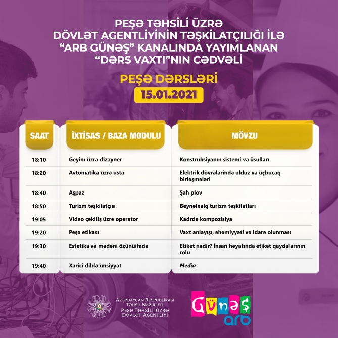Peşə təhsili üzrə “Dərs vaxtı”nın yanvarın 15-nə olan cədvəli