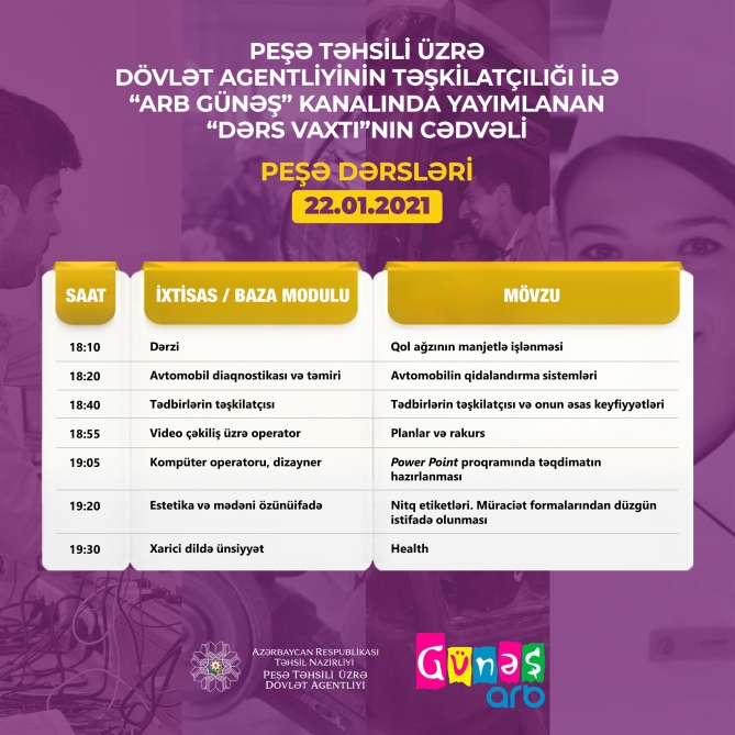 Peşə təhsili üzrə “Dərs vaxtı”nın yanvarın 22-nə olan cədvəli