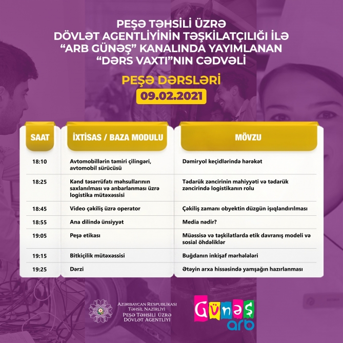 Peşə təhsili üzrə “Dərs vaxtı”nın fevralın 9-na olan cədvəli  