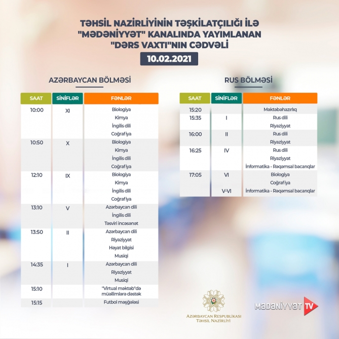 Teledərslərin bu günə olan cədvəli açıqlandı