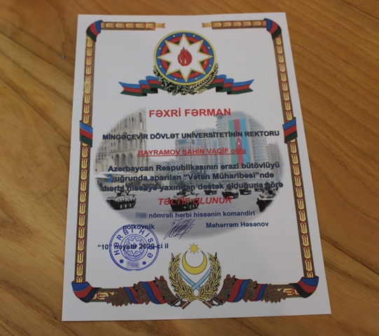 MDU Vətən müharibəsində dəstəyinə görə Fəxri Fərmana layiq görülüb