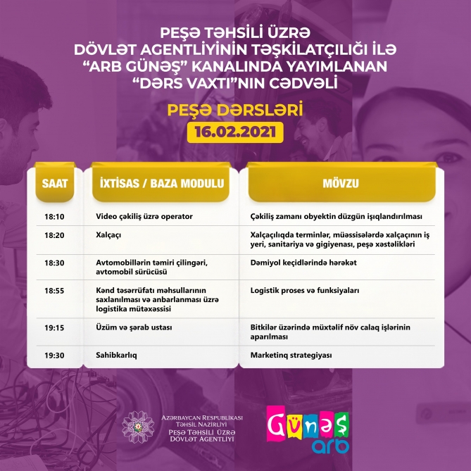 Peşə təhsili üzrə “Dərs vaxtı”nın fevralın 16-na olan cədvəli  