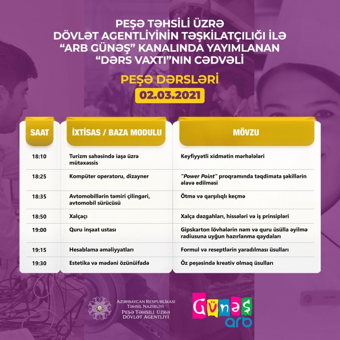 Peşə təhsili üzrə “Dərs vaxtı”nın martın 2-nə olan cədvəli açıqlanıb  