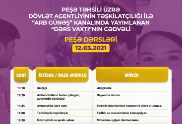 Peşə təhsili üzrə “Dərs vaxtı”nın bu günə olan cədvəli