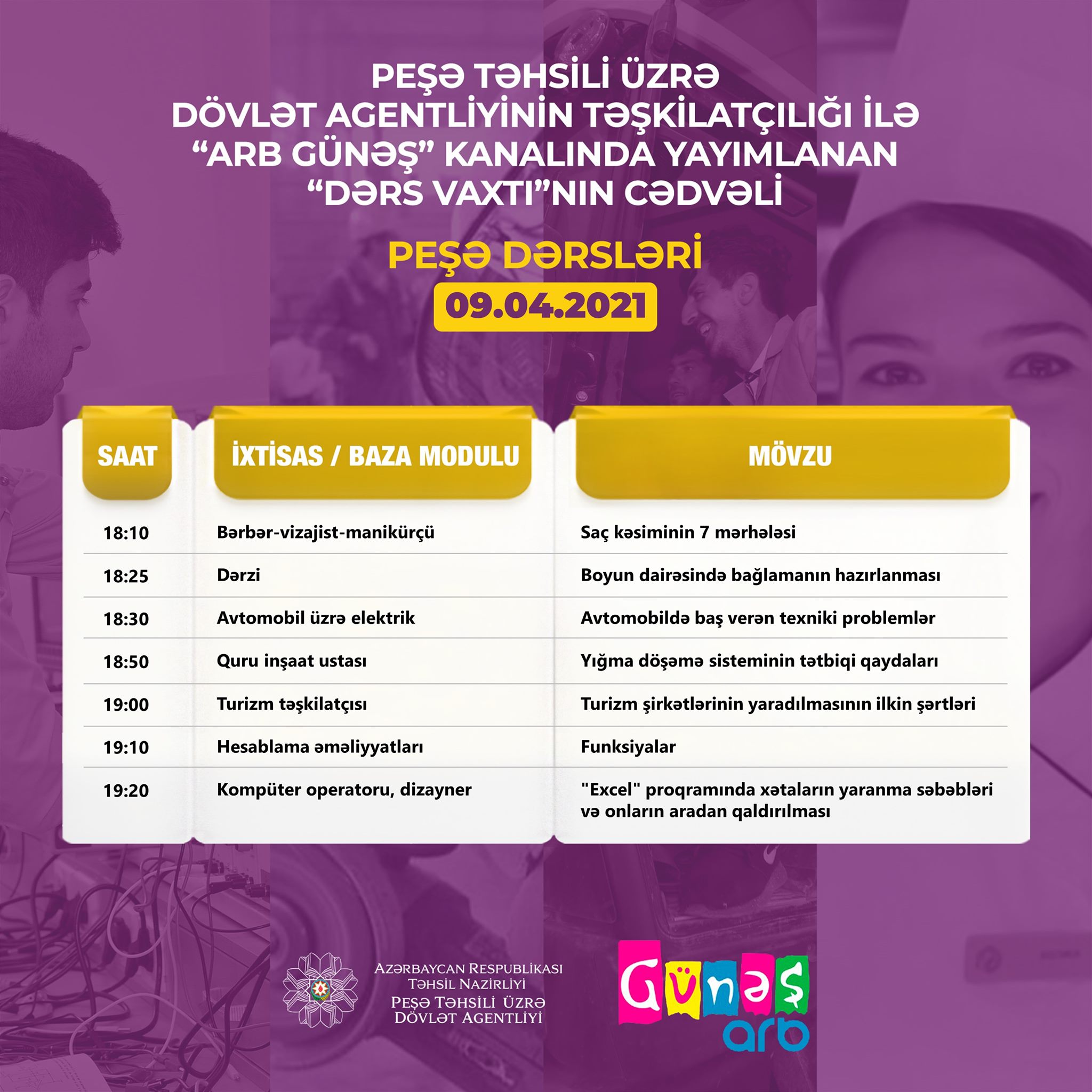 Peşə təhsili üzrə teledərslərin 6 aprel cədvəli  