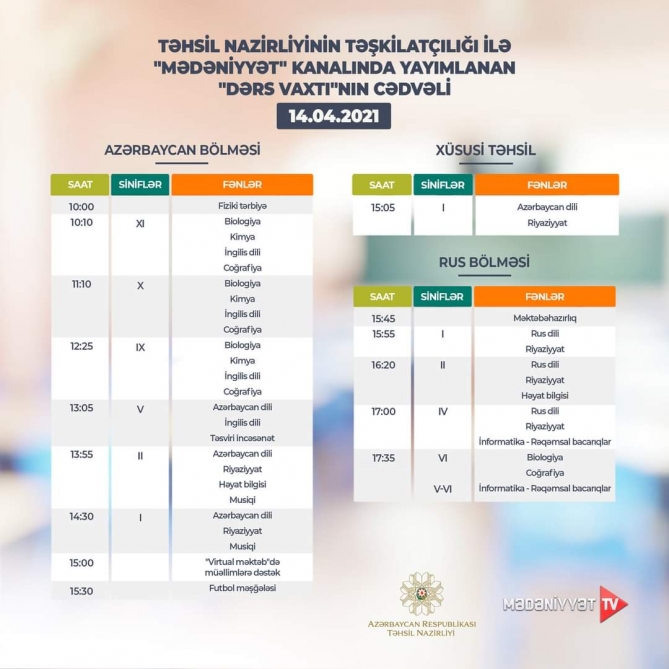 Teledərslərin bu günə olan cədvəli