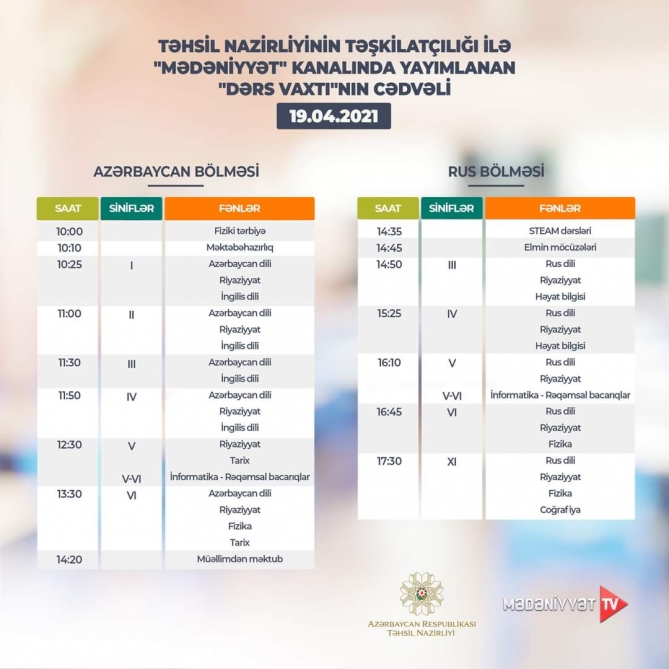 Teledərslərin bu günə olan cədvəli