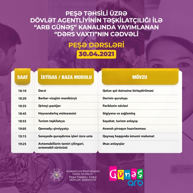 Peşə təhsili üzrə “Dərs vaxtı”nın bu günə olan cədvəli  