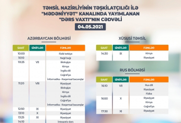 Teledərslərin mayın 4-nə olan cədvəli  