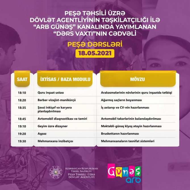 Peşə təhsili üzrə “Dərs vaxtı”nın mayın 18-nə olan cədvəli  