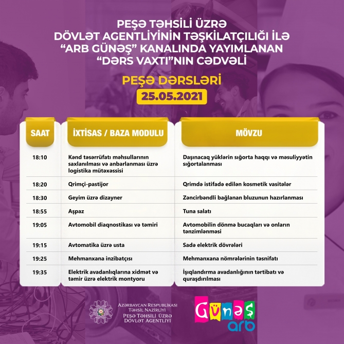 Peşə təhsili üzrə “Dərs vaxtı”nın mayın 25-nə olan cədvəli  