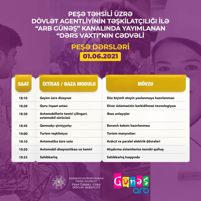 Peşə təhsili üzrə “Dərs vaxtı”nın iyunun 1-nə olan cədvəli  