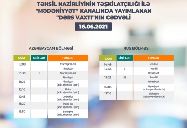 Teledərslərin iyunun 16-na olan cədvəli  