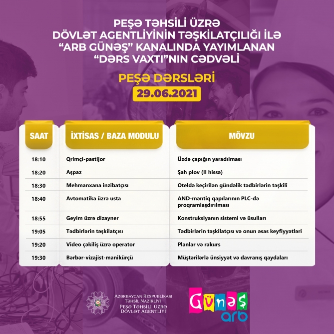 Peşə təhsili üzrə “Dərs vaxtı”nın iyunun 29-na olan cədvəli