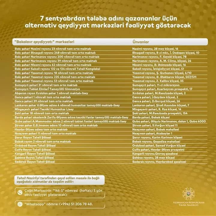 Ali təhsil müəssisələrinə qeydiyyatla bağlı alternativ mərkəzlər yaradılıb -SİYAHI