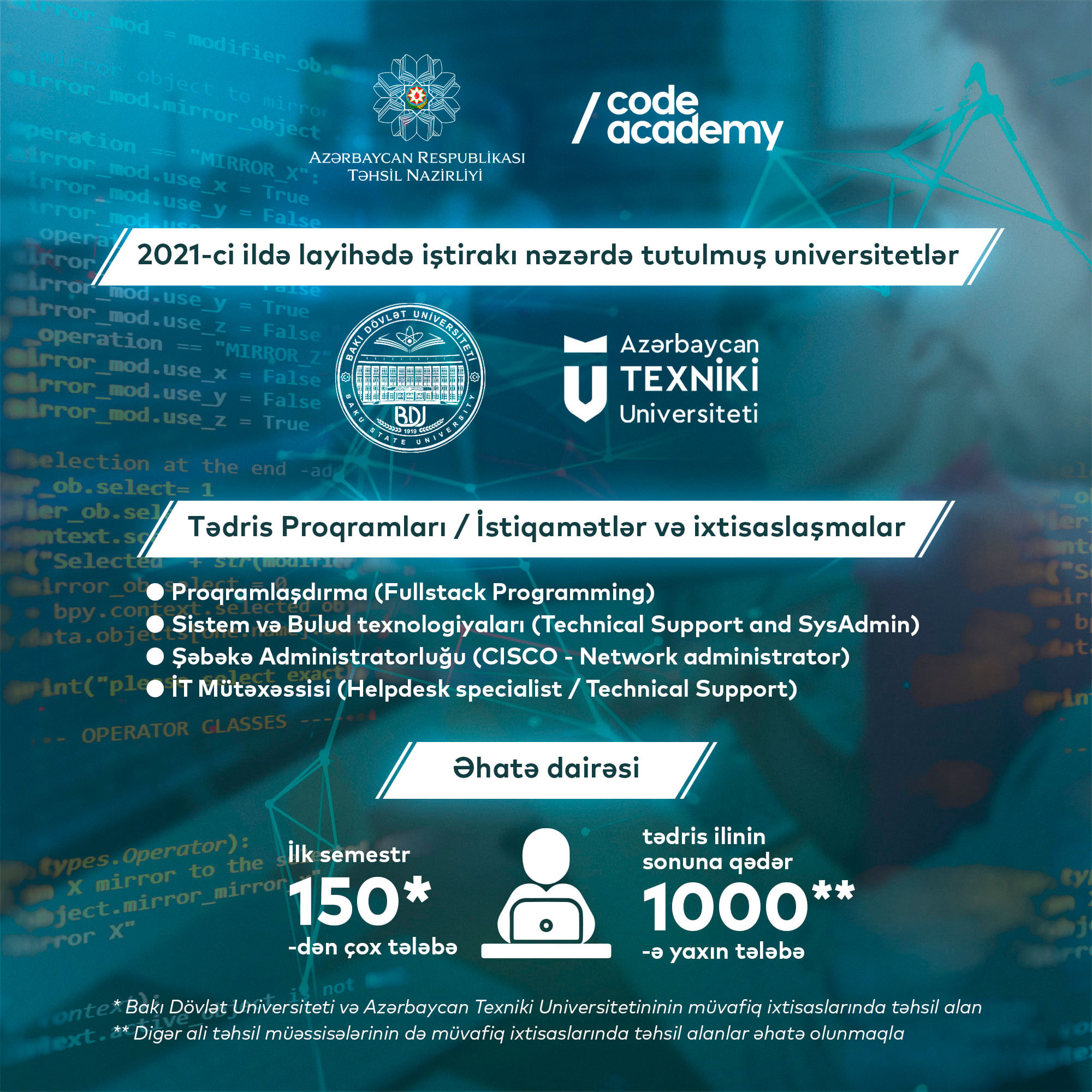 Tələbələr İT ixtisaslarının istiqamətləri üzrə tədris proqramlarına cəlb olunacaq  