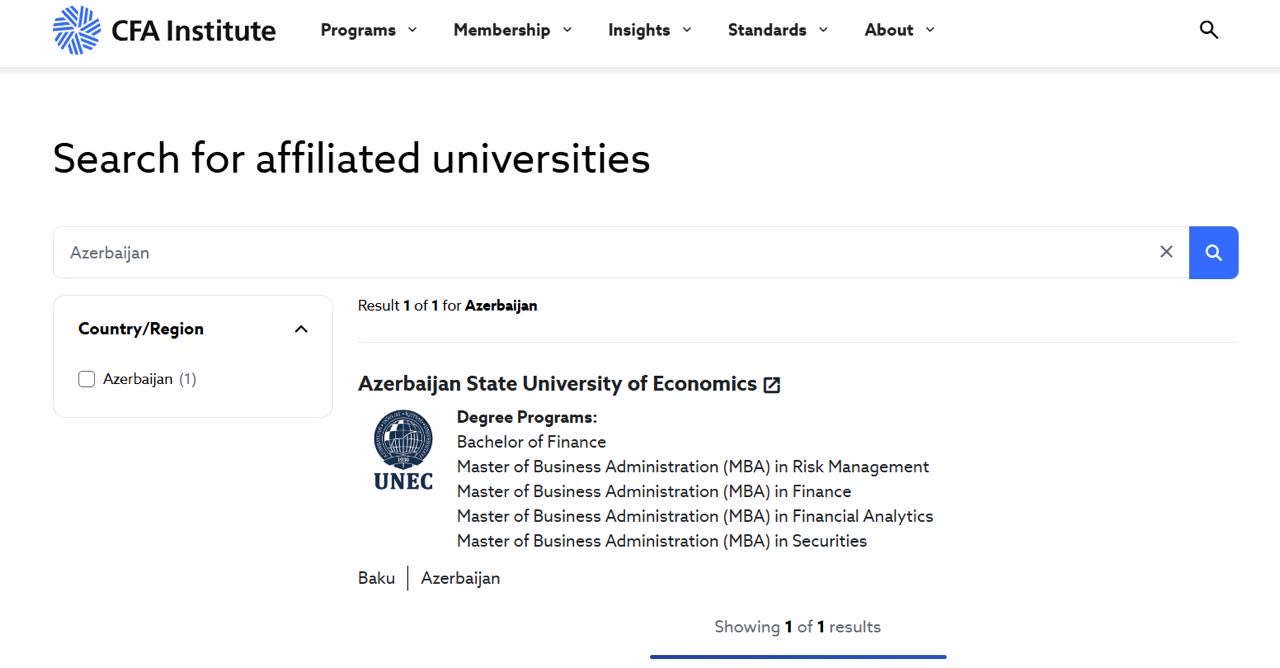 UNEC-in MBA Proqramı nüfuzlu CFA İnstitutunun akkreditasiyasını əldə etdi
