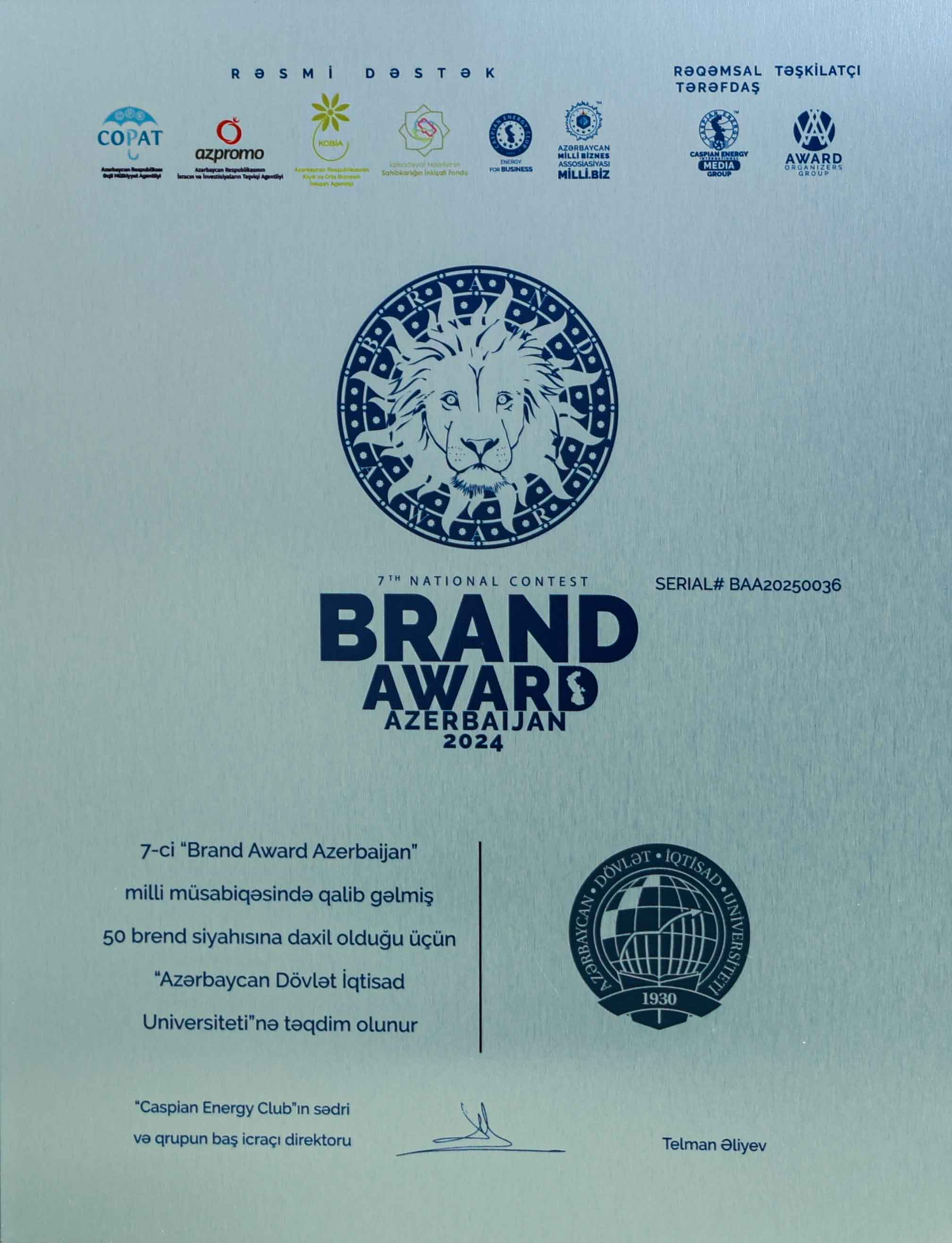 UNEC “Brand Award Azerbaijan” milli müsabiqəsinin qalibi olub