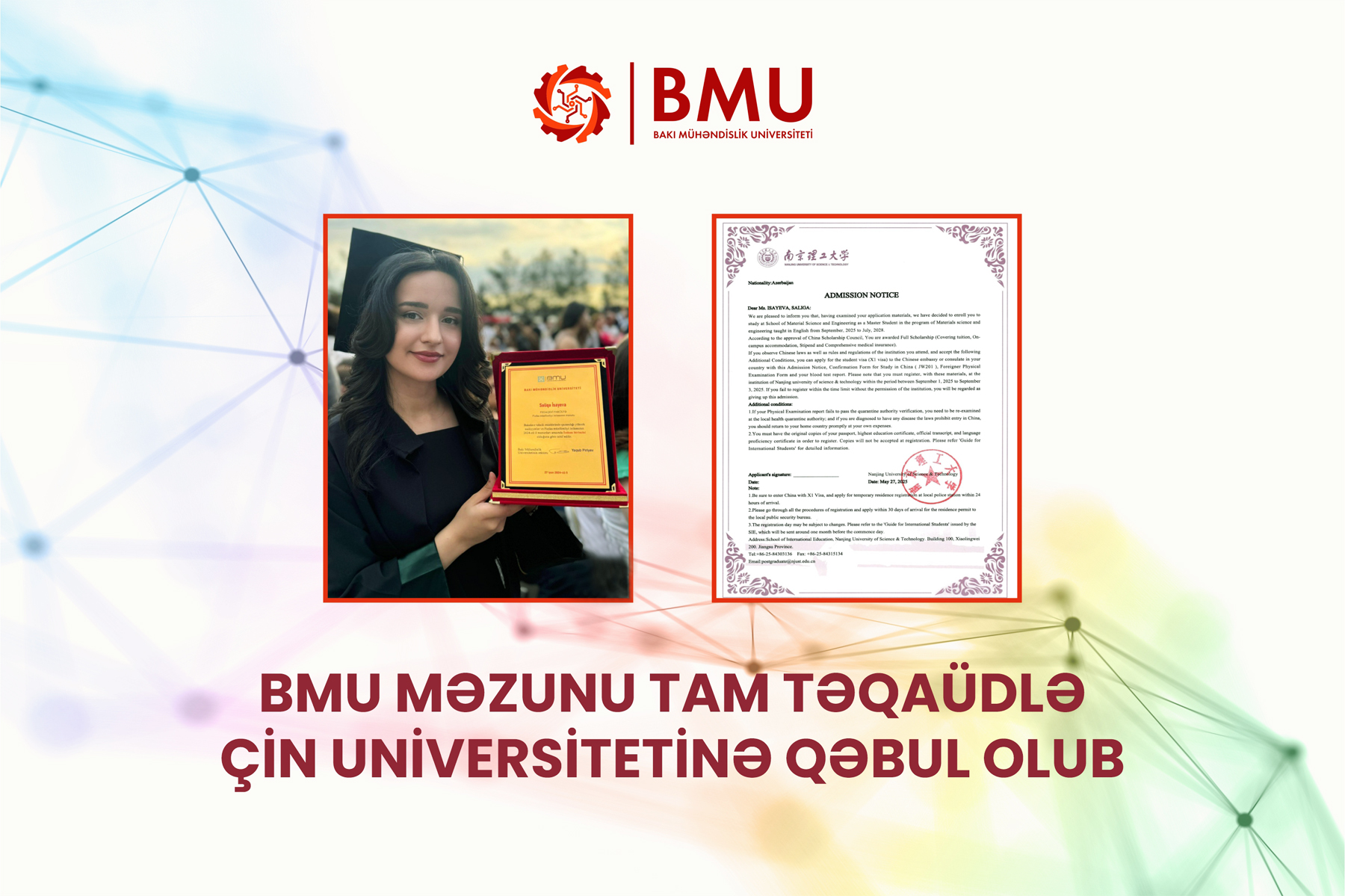 BMU məzunu tam təqaüdlə Çin universitetinə qəbul olub
